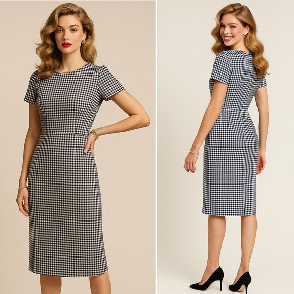 J.Crew Black White Gingham Stretch Sheath Dress 2 Lined Classic Old Money Preppy - Picture 1 of 12